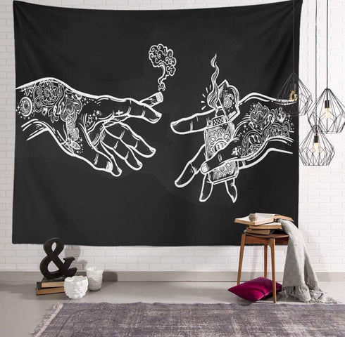 White and Black Floral Hands Wall Tapestry, Funny Creative Hippie Boho Art Decor for Bedroom