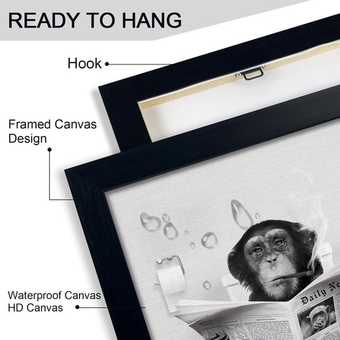 Funny Monkey Framed Wall Art in Bathtub - Black and White Canvas Prints for Farmhouse Bathroom Decor (12"x16", Framed)