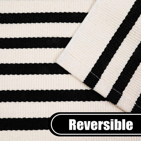 Black and White Striped Door Mat 24"x35" - Collive Cotton Hand Woven Welcome Rug