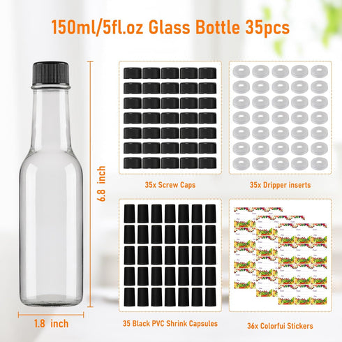 35 Pack 5 oz Woozy EkkoVla Clear Glass Hot Sauce Bottle with Black Caps and Orifice Reducers, Clear Bottles Empty Wine