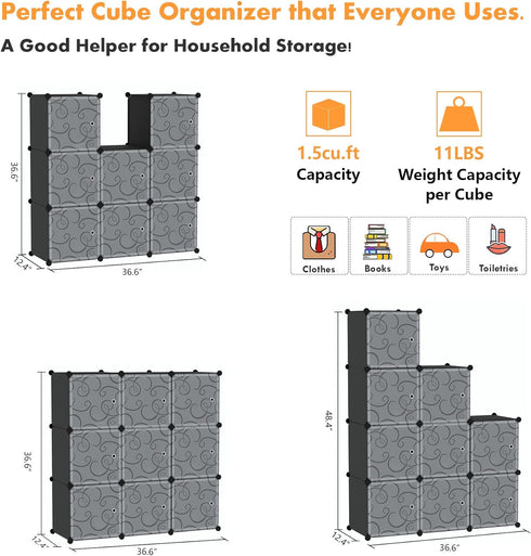 C&AHOME Cube Storage Organizer with Doors - 9-Cube Shelves, DIY Plastic Modular Bookshelf, 36.6”L x 12.4”W x 36.6”H,