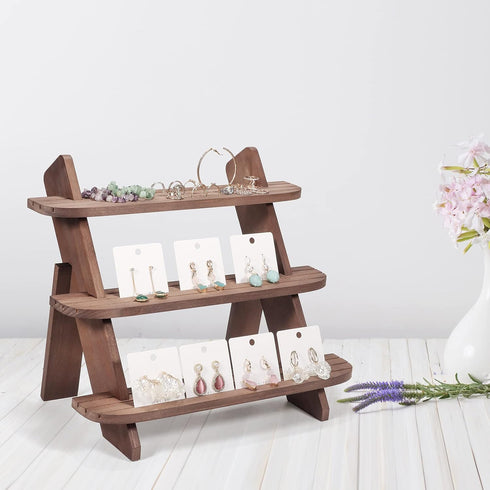 Wooden Display Riser, 3 Tier Organizer Showcase for Tabletop Shows, Farmhouse Cupcake Stands, Walnut Rustic Risers