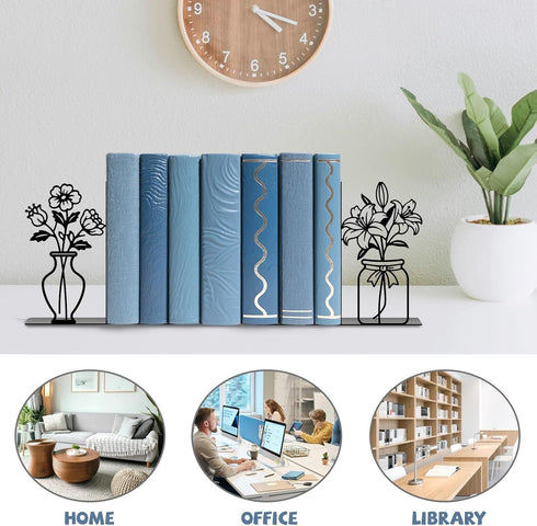 Metal Flower Book Ends Flower Vase Bookends Decorative Book Ends for Shelves Bookshelf Home Office Desk Bookshelf Decor