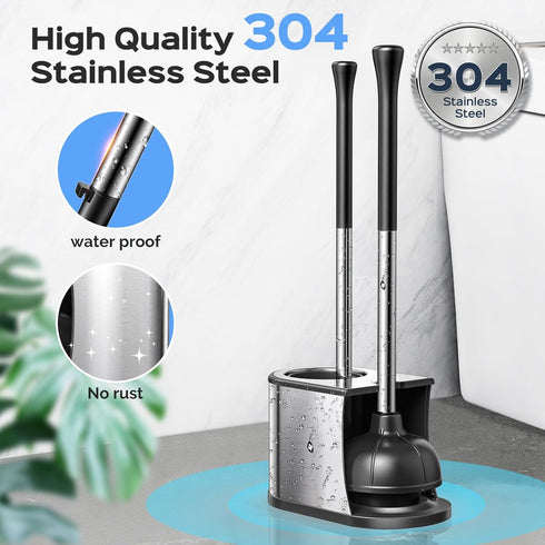 Set: 2 1 HAMITOR Toilet Plunger and Brush in Stainless Steel Rustproof Combo with Deep Cleaning Curved Bristles - Heavy