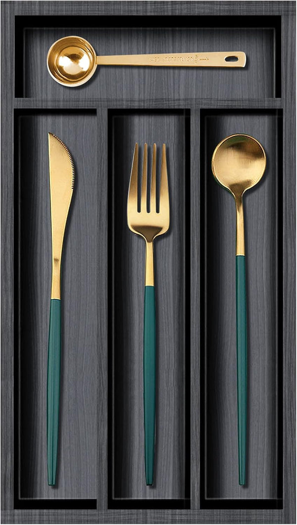 Narrow Wooden Cutlery Tray, Small 12" x 6.7" Utensil Organizer for Drawer Insert, Bamboo Silverware Tray, Black Wood