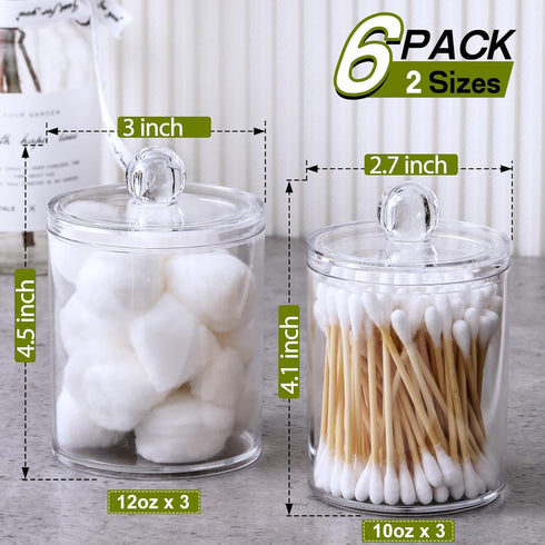 6 Pack Qtip Holder Dispenser for Cotton Balls, Swabs, Pads - Clear Plastic Apothecary Jar Set