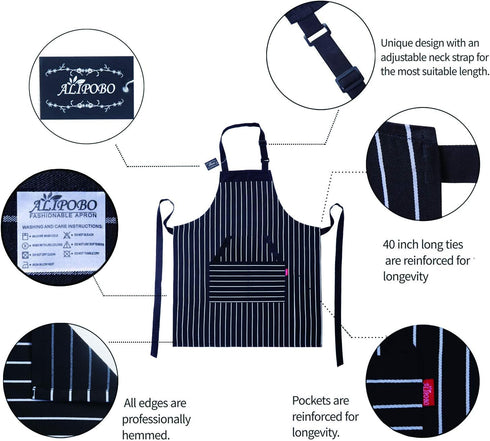 Kitchen Cooking Apron for Women and Men, Adjustable Chef Bib with Pockets - 32" x 28" - Black/White Pinstripe
