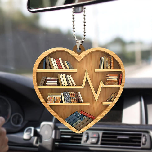 2D Talataca Bookshelf Heart Shape Book Lovers Nerd Bookworm Reader Gift Flat Car Rear View Mirror Accessories Christmas