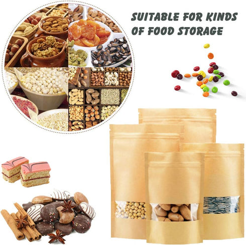 100 Pcs Resealable Stand Up Kraft Paper Bags with Window for Packaging Products, Zip Lock Food Storage