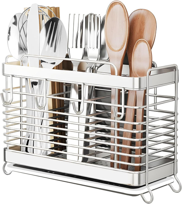 Utensil Holder with 3 Compartments, Stainless Steel Drying Rack, Dish Drainer for Kitchen Counter, Silverware Organizer