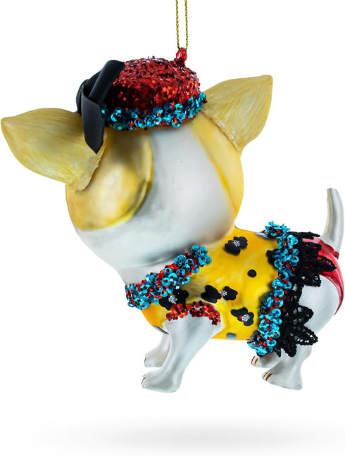 Chic Chihuahua Blown Glass Christmas Ornament