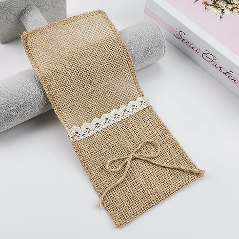 Alnicov Natural Burlap Lace Utensil Cutlery Holders Pouch, Jute Napkin Holders for Vintage Wedding Party Tableware