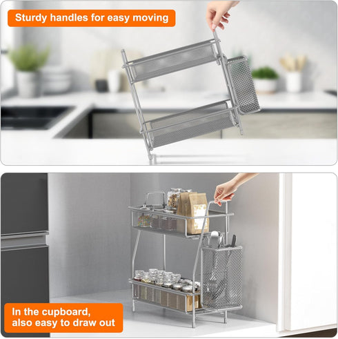 LEMIKKLE Spice Rack Organizer for Kitchen Counter, Metal Storage for Spices and Seasonings with Side Basket (Grey)