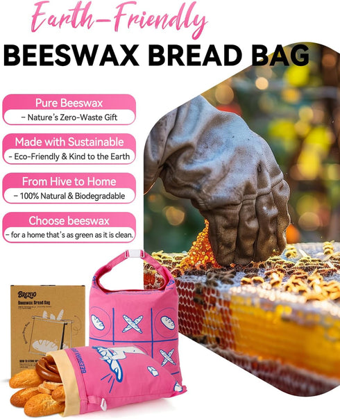 Brezlio 2 Pack Beeswax Bread Bags Reusable for Homemade Sourdough - Large Cotton Bread Storage Bags - Keeps Bread Fresh