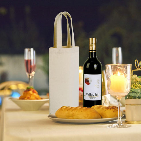 Wine Tote Bag, 10.5 x 7 x 2 inches, 4 pcs Reusable Cotton Canvas Carrier with Drawstring Label