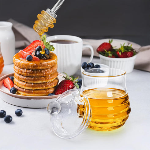 Lawei Glass Honey Jar with Dipper and Lid, 10 OZ Heat-Resistant Honey Pot, Clear Glass Container for Honey and Syrup