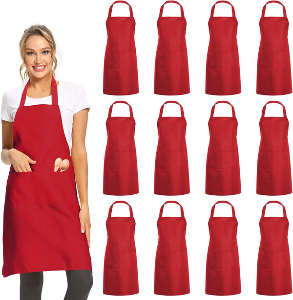 DUSKCOVE 12 Pack Plain Bib Aprons with 2 Pockets - Red Unisex Commercial
