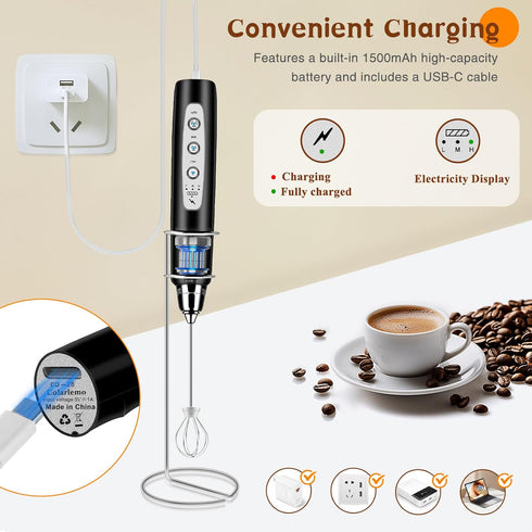 Handheld Rechargeable Milk Frother with Stand, Electric Whisk for Coffee, Detachable with 3 Stainless Whisks, Black