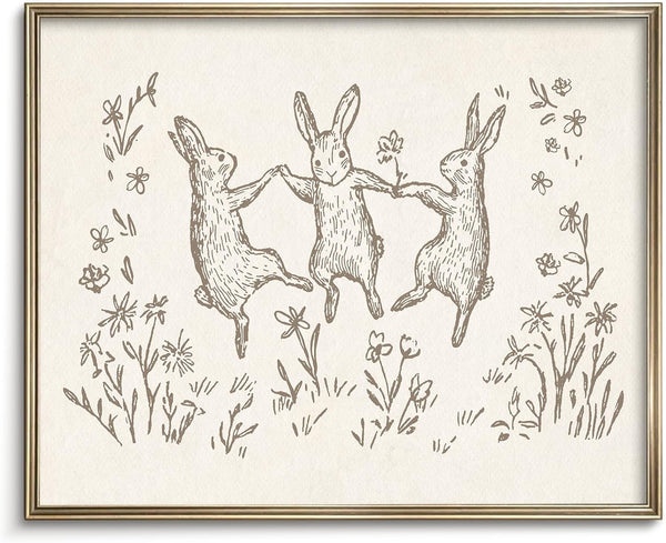 Vodefoad Bunnies Sketch Vintage Wall Art Retro Nursery Dancing Bunnies Art Print