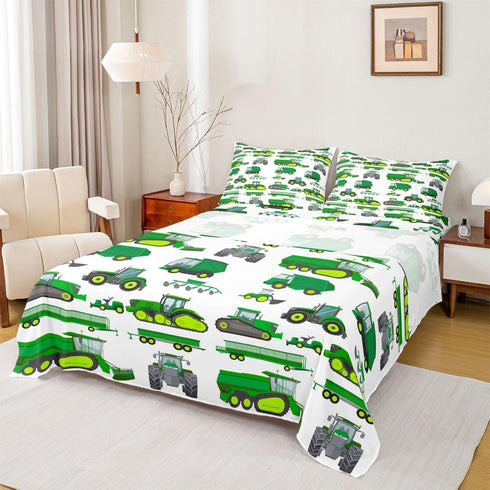 Set Excavator Car Bed Sheets Full Cartoon Construction Tractor Vehicle Sheet Kids Boys Green Yellow Equipment Trucks