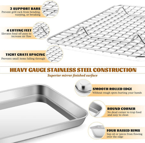 Small Stainless Steel Baking Sheet with Rack Set, E-far 9.4”x7.3” Cookie Sheet for Toaster Oven, Non-toxic & Dishwasher