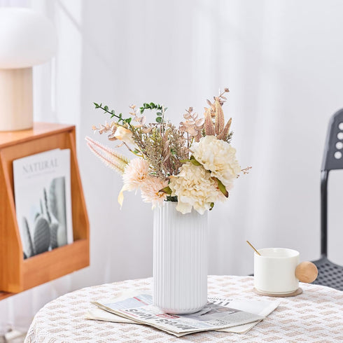 8 inch Countertop, White Ceramic Flower Vase for Pampas Grass, Small Decorative Centerpiece Ribbed Vase for Dining