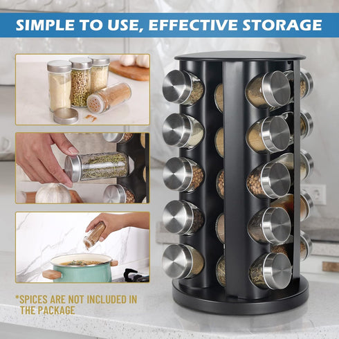Countertop 20-Jars 135 Set, Countertop, Tianifa Black Revolving Spice Rack, Empty Rotating Spice Rack Organizer, Round