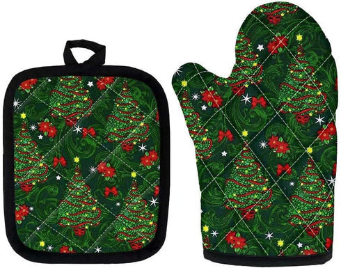 Dellukee Oven Mitt and Pot Holder Set, Christmas Trees Print Heat Resistant Kitchen Gloves for Baking Cooking