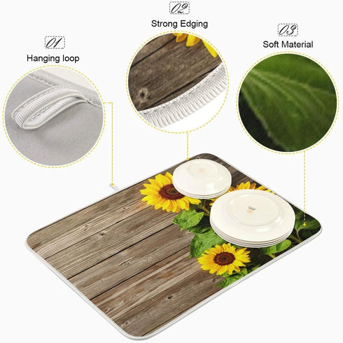 Summer Sunflower Dish Drying Mat, 16x18 Inch Super Absorbent Pad for Kitchen Counter Decor, Baby Bottle Drainer Rack