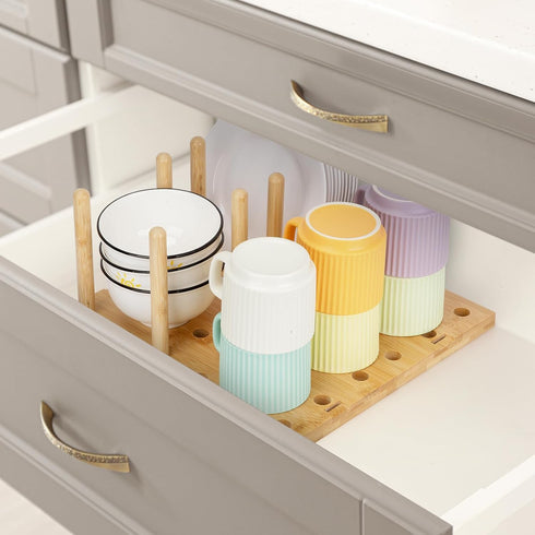 Peg Board Drawer Organizer for Kitchen, Organizers for Dishes, Plates, Bowls, 2 Boards & 12 Pegs for Cabinet Storage