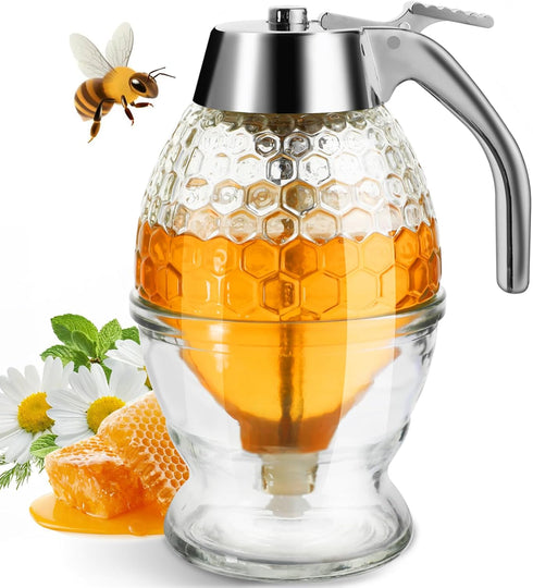 Timtopno Honey Dispenser, Glass Honey Dispenser No Drip, Honey Pot with Stand,