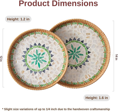 12'' Round Rattan Tray Home Decor, Wicker Serving Tray with Mother of Pearl Inlay, Boho Decorative Tray for Coffee