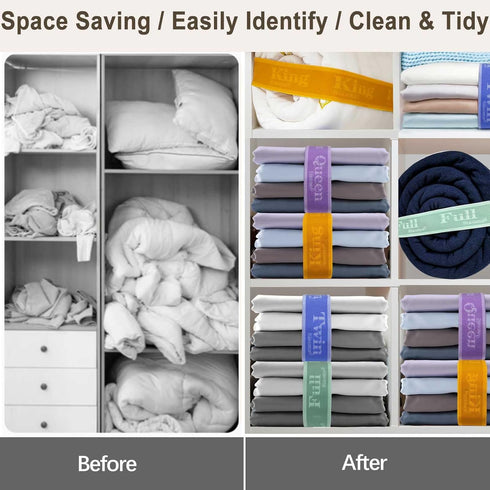 Bed Sheet Organizer Bands, Sheet Set Storage Size Marking Bands, Elastic Bedding Sheet Straps Wraps for Organizing Linen Closet(Queen 4PCs | Purple)