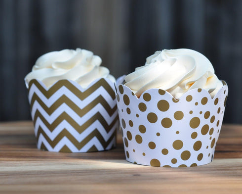 Set of 24 Gold and White Cupcake Wrappers - Reversible Cup Cake Holder Wraps with Dots, Chevrons for Parties