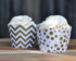 Set of 24 Gold and White Cupcake Wrappers - Reversible Cup Cake Holder Wraps with Dots, Chevrons for Parties