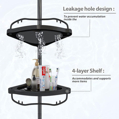 Shower Caddy Tension Pole with 4 ABS Baskets, Adjustable 56 to 125 Inch Stainless Pole for Bathroom, Black