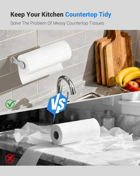 Paper Towel Holder Under Cabinet, One-Handed Tear, Wall Mount, Adhesive, Silver, Paper Roll Holder with Ratchet