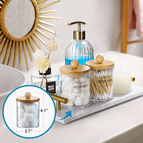2 Pack Qtip Holder Dispenser with Bamboo Lids, 10 oz Clear Plastic Apothecary Jars for Bathroom