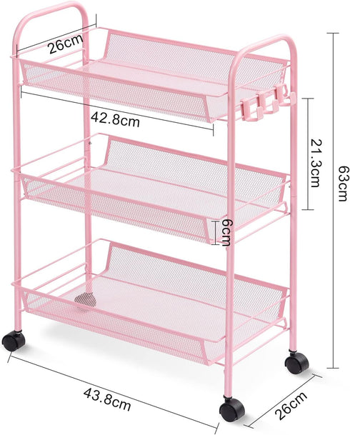 TOOLF 3-Tier Metal Rolling Cart, Utility Trolley on Wheels with 3 Hooks, Easy Assemble Mesh Wire Storage for Kitchen