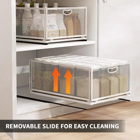 Sliding Cabinet Basket Organizer, Heavy Duty Carbon Steel Self Adhesive Slide Out Pantry Shelves for Kitchen