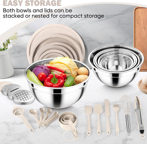 E-far 25PCS Mixing Bowls with Lid Set, Stainless Steel Nesting Prep Bowls with Grater Attachments for Cooking, Food