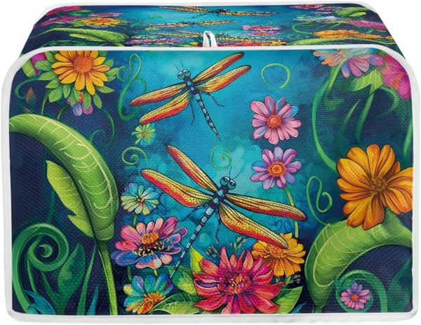 Dragonfly Flower Printed Toaster Cover, 2 Slice Long Slot, Washable Dust Protection for Kitchen Small Appliances