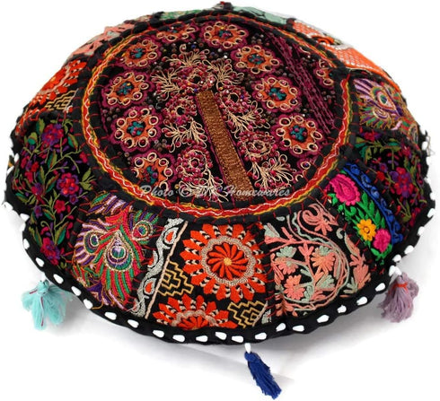 DK Homewares 18 Inch 18x18 Indian Traditional Floor Cushion Cover Bohemian Black Patchwork Yoga Pouf Ottoman Home Decor