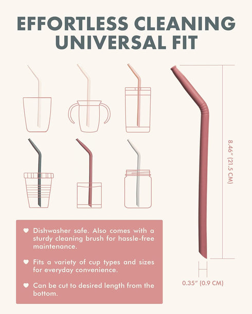 Nightingale Reusable Silicone Straws - Set of 6 Coral Multi Bendy Drinking Straw with Cleaning Brush for Kids