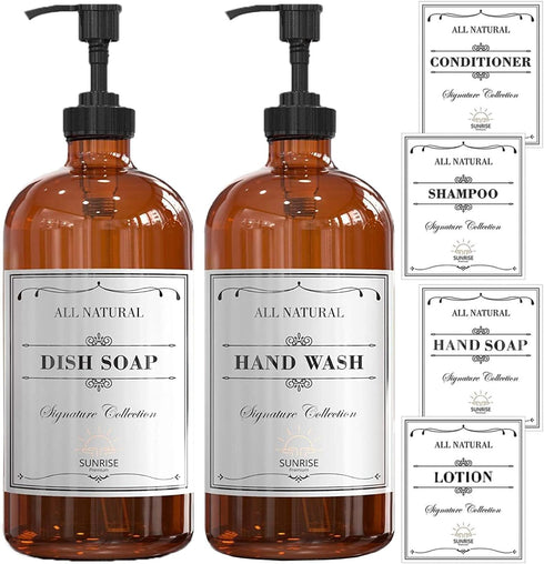 16 OZ Thick Amber Glass Soap Dispenser with Plastic Pump, 2 Pack, Hand and Dish Soap Dispenser Set with Labels