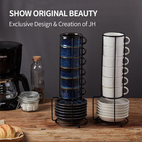 Stand,4 Set 6, JIEMEI HOME Porcelain Stackable Espresso Cups with Saucers and Metal Ounce Demitasse Cups for Coffee