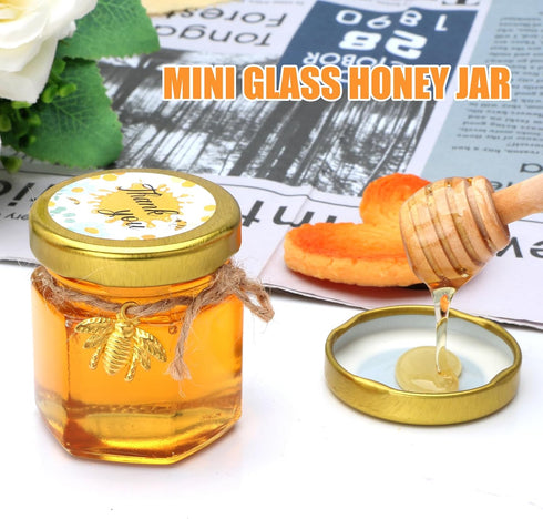 XING-RUIYANG 60 pack 1.5 oz Mini Honey Jarsbaby shower favors,There's honey sticks, bee pendants, stickers and gold