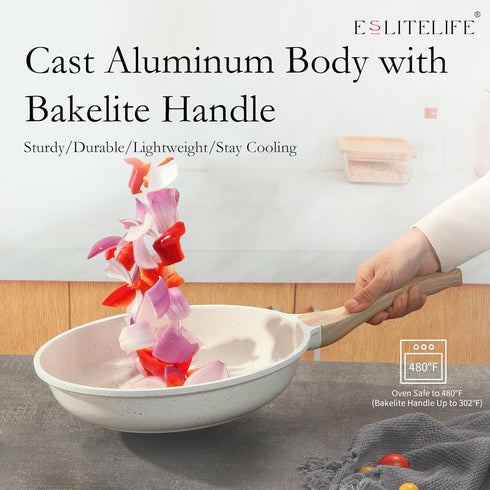 ESLITE LIFE Nonstick Ceramic Frying Pan Skillet, 8'' (White), Non-Toxic, Compatible with All Stovetops, PTFE & PFOA Free