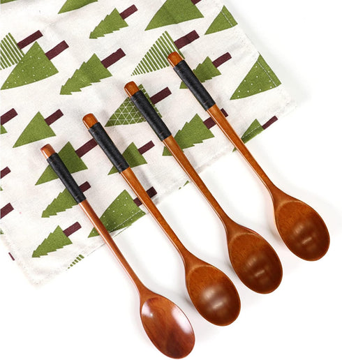Muulaii 6 Pieces Wooden Spoons, 9 Inch Long Handle Soup Spoons, Japanese Style Kitchen Utensil for Korean Food Cooking