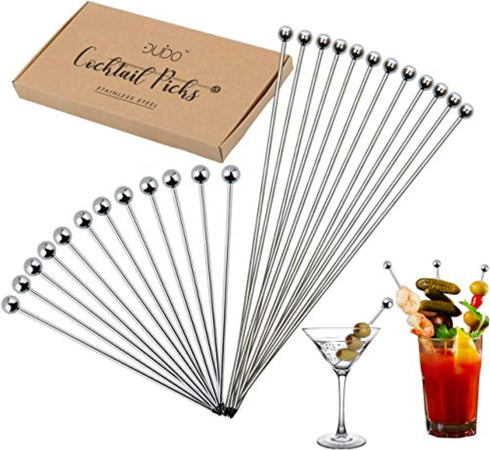 Cocktail Picks Martini Stirrers Toothpicks – 24 Pack Reusable Stainless Steel Metal Drink Skewers for Appetizers